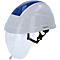 Casque de sécurité blanc avec bande bleue, visière transparente et jugulaire.